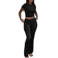 Women's two-piece sporty workout set featuring a round neck T-shirt and flare pants in black - XS / Top And Bottom / Black
