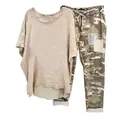 Casual two-piece set for women featuring beige oversized tee and camouflage pants - 3XL / Top And Bottom / Apricot