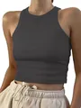 Detail of a charcoal grey ribbed sleeveless crop top for women's summer fashion. - S / Tops / Dark Gray