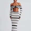 Two-piece black and white striped knit set with halter crop top and long skirt - S / Top And Bottom / White
