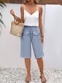 Comfortable blue linen-look shorts for women featuring drawstring waist and big pockets - Blue