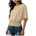 Elegant women's khaki short sleeve blouse featuring smocked elastic hem and boat neckline - S / Top (25155#) / Khaki