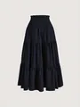 Detailed view of black tiered plus size cake skirt with elastic high waist. - S / Bottoms / Navy Blue