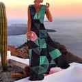 Robe longue élégante à col en V avec imprimé géométrique triangle bleu sarcelle et noir - Vert