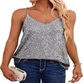 Close-up of a silver sequined V-neck sleeveless camisole on a model wearing denim - S / Tops / Silver Gray