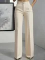 Elegant minimalist women's high-waisted straight suit trousers in a cream beige finish. - Apricot