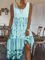 Λεπτομερής προβολή γαλάζιου αμάνικου μάξι φορέματος με φλοράλ τύπωμα και στρογγυλή λαιμόκοψη - Μπλε της Λίμνης