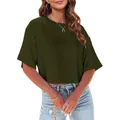 Women's loose dark olive green crop top T-shirt with round neck and short sleeves - S / Tops / Army Green