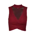 Close-up detail of wine red ribbed knitted crop top with stylish crisscross wrap design - S / Tops / Burgundy