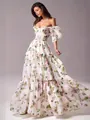 Elegant white floral organza off-the-shoulder maxi dress with a tiered skirt detail view. - S / Dresses / Pink