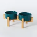 Ciotole doppie rialzate in ceramica per animali con supporto in bambù, elegante verde scuro - Matte Green Bowl with Raised Bamboo Stand