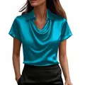 Detailed view of the turquoise satin blouse featuring a draped cowl neck and sharp lapel collar. - S / Tops / Sky Blue