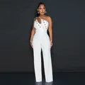 Elegant white one-shoulder jumpsuit featuring gold stud embellishments and waist belt detail - S / Jumpsuits / White