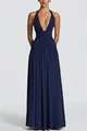 Full-length elegant navy blue halter neck pleated maxi dress with deep V-neckline - S / Dresses / Navy Blue