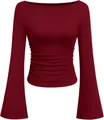 Elegante wijnrode top met lange mouwen, boothals, gerimpelde taille en klokmouwen. - S / Tops / Bordeauxrood