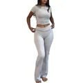 Casual grey two-piece set for women with T-shirt and low-waist flared pants - XS / Top And Bottom / Light Gray
