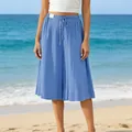 Lightweight women's blue wide-leg drawstring beach cropped pants for summer comfort. - S / Bottoms / Blue