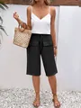 Casual black drawstring shorts for women with functional front pockets and buttons - Black