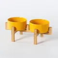 Doppia ciotola in ceramica gialla per animali con supporto rialzato in bambù resistente - Matte Yellow Bowl with Raised Bamboo Stand