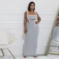 Detailed look at grey two-piece bodycon maxi dress set with tube top and overall straps - Gray
