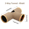 Collapsible 3-way T-shaped cat tunnel toy in khaki with soft plush edges and hanging ball - 3-Way Style / Khaki