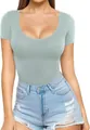Detail view of women's low round neck slim fit short sleeve bodysuit top in light blue - Elephant Grey
