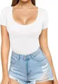 Detail of a white slim fit women's bodysuit with a low scoop neckline and short sleeves - Tops / S / White