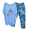 Casual women's two-piece outfit featuring a blue graphic tee and camouflage print pants - 3XL / Top And Bottom - Element 12 (134105) / Blue