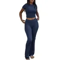 Women's navy blue two-piece set featuring T-shirt and low-rise flared workout pants - XS / Top And Bottom / Navy Blue
