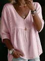 Blouse rose en lin à col en V avec dentelle et manches 3/4 décontractée pour femme. - S / Hauts / Rose