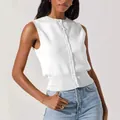 Elegant white sleeveless button-front knitted vest top for women, chic summer fashion - S / Tops / White