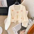 Elegant cream-colored French style knit cardigan and camisole set with butterfly appliques - One Size / Set / White