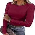 T-shirt da donna bordeaux a maniche lunghe slim fit con scollo rotondo a costine - Taglia S / Top / Borgogna