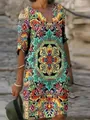 Boho vintage printed V-neck knee-length dress with colorful abstract patterns and half sleeves - S / Dresses / Pattern 19