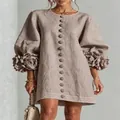 French style beige cotton linen mini dress featuring 3D flower cuff lantern sleeves - Gray