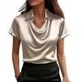 Detail view of a champagne satin cowl neck blouse featuring an elegant lapel collar - S / Tops / Beige
