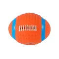 Bright orange squeaky latex rugby ball toy for dogs with blue accents and texture - Large American Football / 11x8.5cm / Orange / Cartier Logo on Prop Book (Product Main Body Not Involved)
