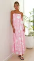 Elegant pink strapless maxi dress featuring white celestial motifs and LOVE print. - S / Dresses / Pink