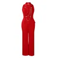 Detailed view of red sleeveless wide-leg jumpsuit with gold chain and notched lapel. - S / Red