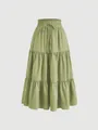 Elegant sage green tiered plus size maxi skirt with a smocked elastic drawstring waist - Light Green