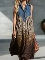 Detailweergave van een elegante denim patchwork maxi-jurk met een luipaardprint - 2XL / Dresses / Luipaardprint