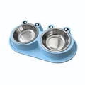 Blue frog-shaped pet double bowl with stainless steel inserts for cats and dogs - With Stainless Steel Bowl / S / Light Blue