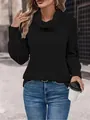 Close-up detail showing the ribbed knit texture of this black cowl neck sweater for women. - S / Tops / Black