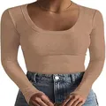 Womens slim fit ribbed long sleeve crew neck t-shirt in basic camel brown color - S / Tops / Khaki