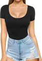Close-up of a women's sexy black low scoop neck slim fit short sleeve T-shirt - Tops / S / Black