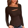 Close-up detail of sexy slim-fit long sleeve t-shirt with irregular cutout neckline - S / Tops / Coffee