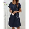 Casual navy blue cotton-linen short sleeve dress with zipper collar and side pockets - S / Dresses / Dark Blue