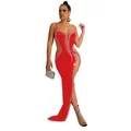 Detailed view of red rhinestone evening gown with high slit and sheer mesh panels - S / Dresses / Red