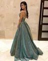 Eleganter funkelnder rückenfreies petrolblaues Ballkleid Abendkleid Glitzeroptik - S / Kleider / Grau