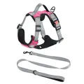 Detail view of a pink and gray padded dog harness vest with a matching durable leash set - M / Harness & Leash Set / Rose Red
